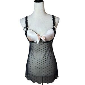 Flora’s Follies Babydoll Lace‎ Bow Cami Black & Pink Sheer Padded Lettuce Hem